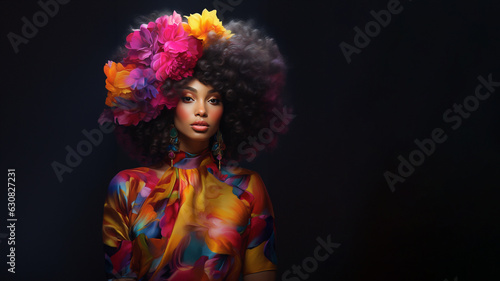 Model Afroamerikanisches Gesicht in Popigen farbigen Outfit und Blumendekoration im Haar, ai generativ