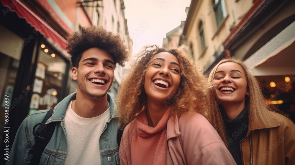 Multiracial group of friends having fun together outdoors on city street- Young cheerful people walking hugging outside- Next gen z lifestyle concept-Smiling student enjoying vacation, Generative AI Multiracial group of friends having fun together outdoors on city street- Young cheerful people walking hugging outside- Next gen z lifestyle concept-Smiling student enjoying vacation, Generative AI