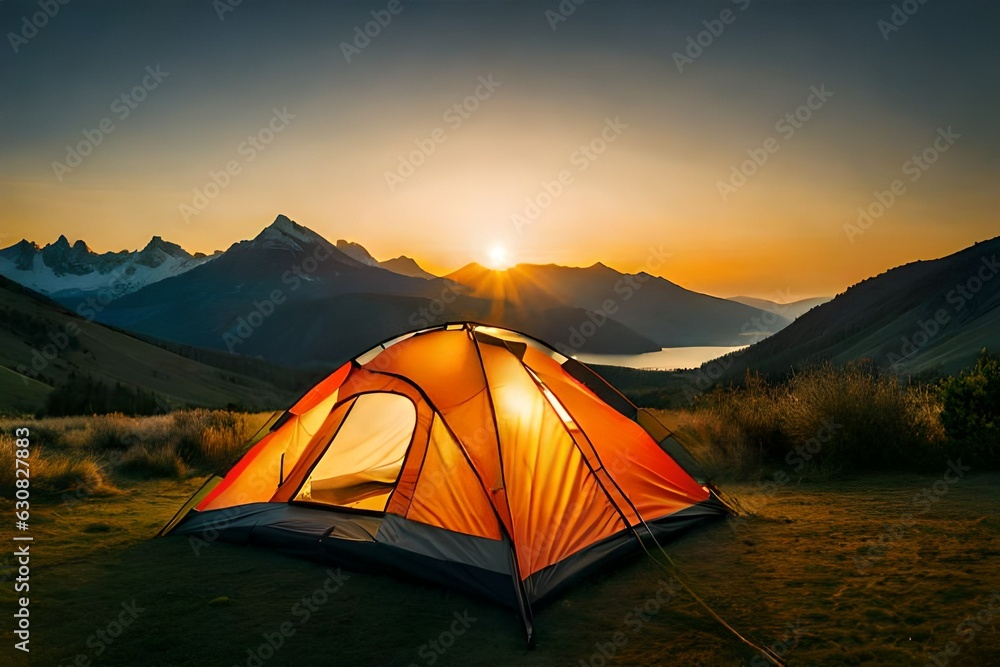 Evening lit tent in camping by nature.AI generated