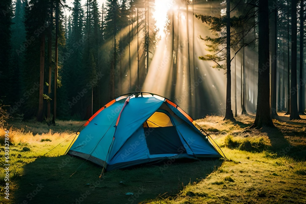 Evening lit tent in camping by nature.AI generated