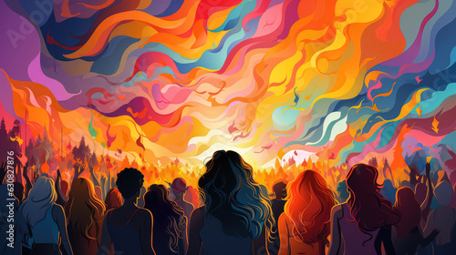 Abstract watercolor lgbt parade concept. Back view of people marching with a colorful sky. 