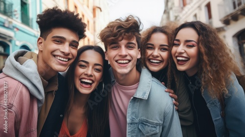 Multiracial group of friends having fun together outdoors on city street- Young cheerful people walking hugging outside- Next gen z lifestyle concept-Smiling student enjoying vacation, Generative AI © patnarin