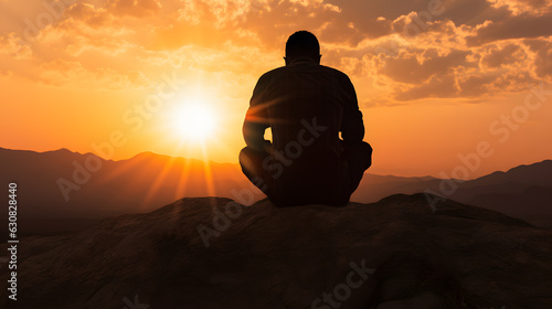 Silhouettes of young man watching the sunset from the top of the hill