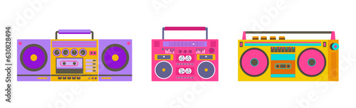 Set of retro cassette recorders.. Music player. boombox 90s style. Back to 90s. Old fashioned vintage tape recorder. Nostalgia for 1990s, 2000s. Neon colors. Vector illustration