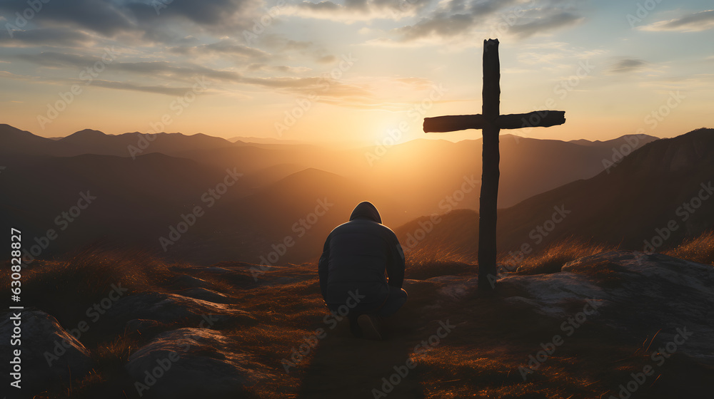 Silhouette of a man kneeling praying at the Cross of Jesus on a hill at sunrise - obrazy, fototapety, plakaty 
