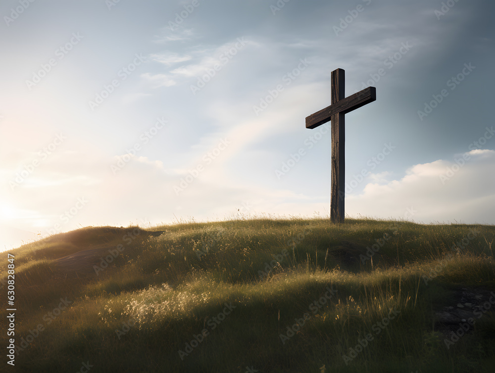 Cross with the background of the sunrise in the meadow with Religious concept
