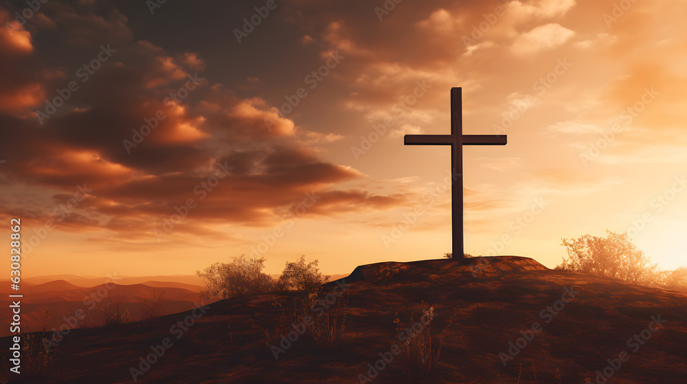 Silhouette of Cross at sunrise on cliff and mountains Silhouette of Cross at sunrise on cliff and mountains