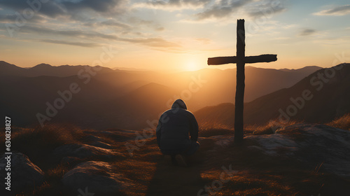 Silhouette of a man kneeling praying at the Cross of Jesus on a hill at sunrise photo