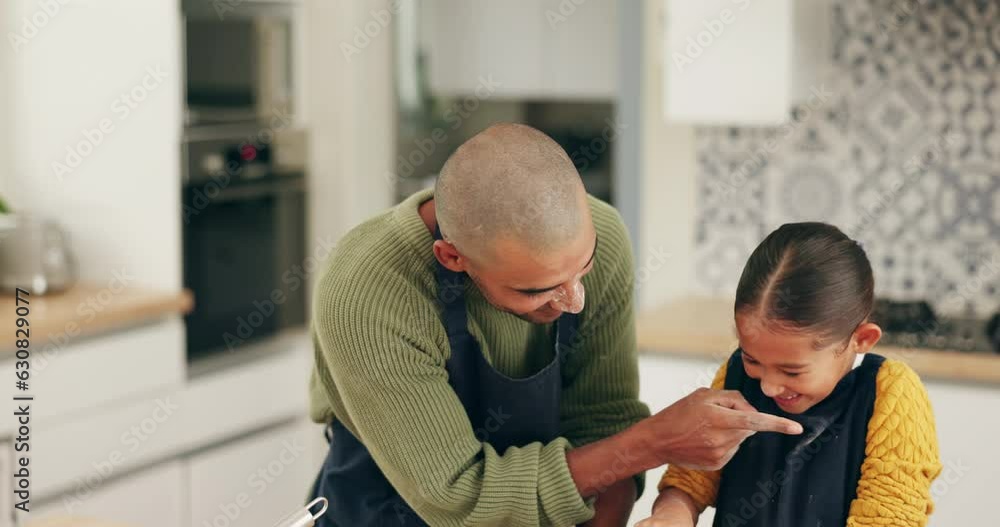 Playing, father and child baking with flour together, cooking or food for breakfast in a house. Funny, playful and a young dad with a girl kid in the kitchen and bonding with pastry or dough Playing, father and child baking with flour together, cooking or food for breakfast in a house. Funny, playful and a young dad with a girl kid in the kitchen and bonding with pastry or dough