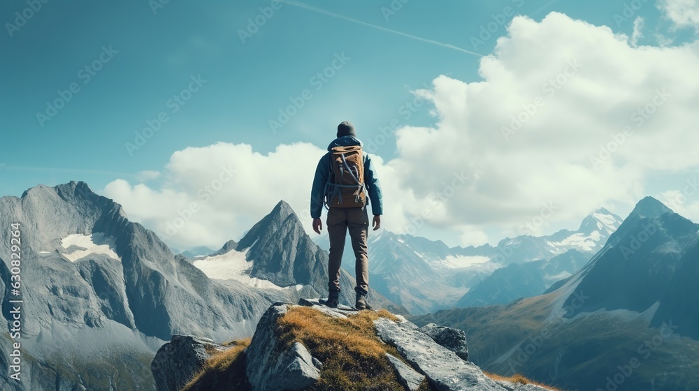 Man with backpack standing on the top of mountain and enjoying the view ...