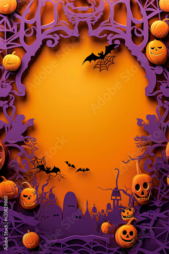 Halloewwn themes background with pumpkins, bats in paper illustration style