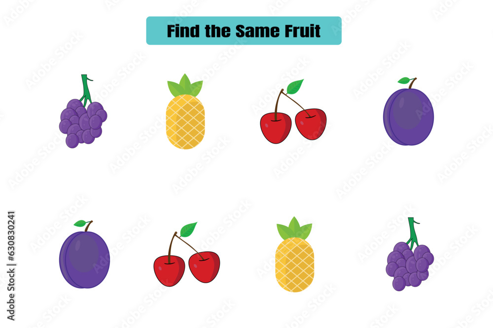 Find the same fruits. Educational game for kindergarten kids. Find the same fruits. Educational game for kindergarten kids.