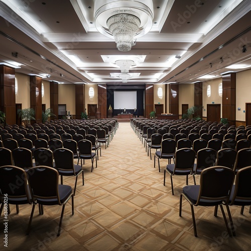 Concert hall or meeting room and empty stage, many rows of seats and stage