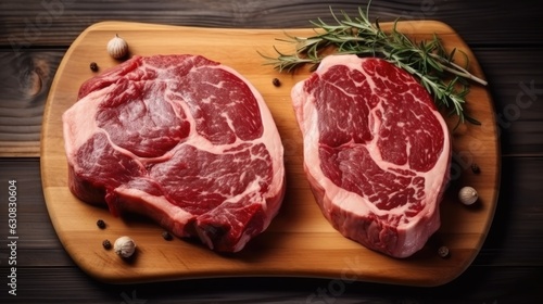 Two raw meat beef rib eye marbled steaks on wooden cutting board.