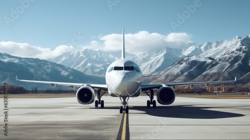 Luxury corporate business jet on runway with background of high scenic mountains.