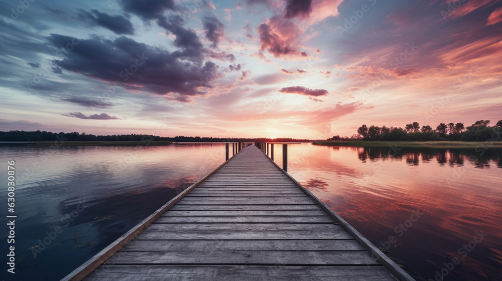 Sunset over the Lake with Wooden Walkway Leading the Way