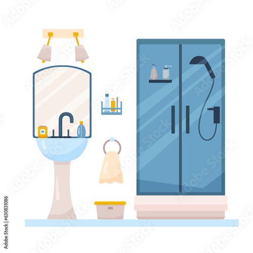 Flat bathroom interior design with shower cabin and laundry basket. Bathroom items with sink and mirror near towel holder. Vector cartoon illustration with washing accessories and toothpaste with soap