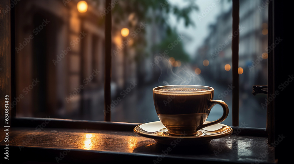 Obraz premium A Hot Cup Rests on the Window side Table