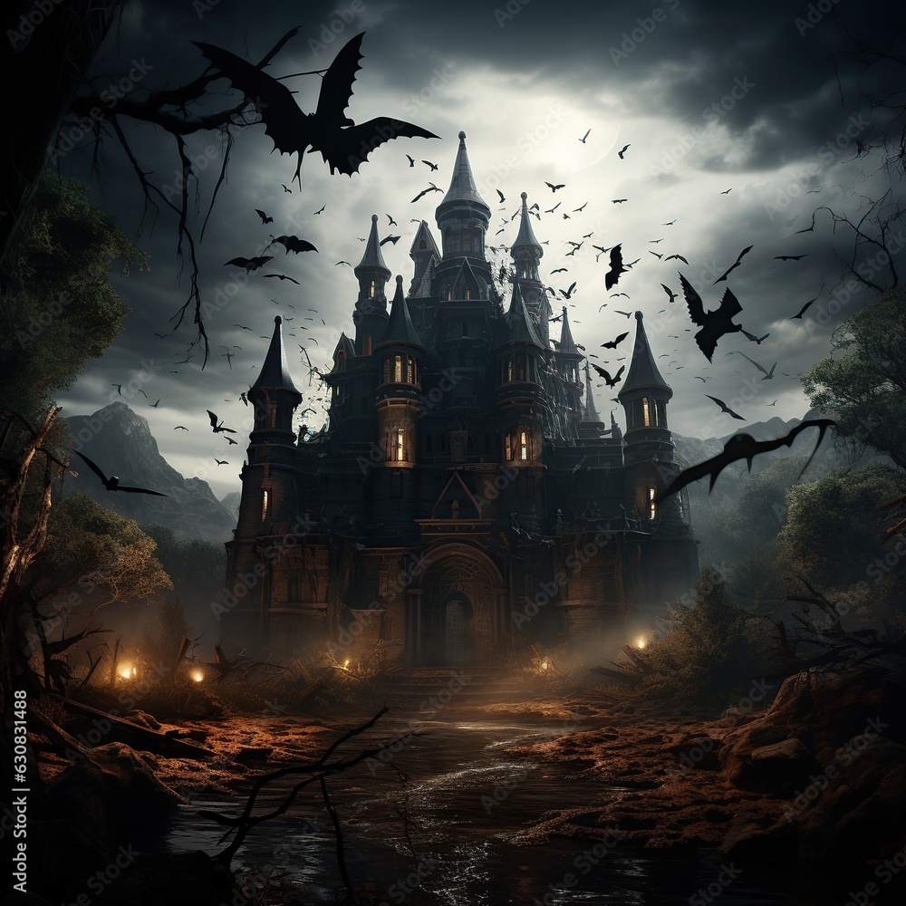 Gothic castle at night, old spooky house in full moon. Dark creepy mystic castle with bats