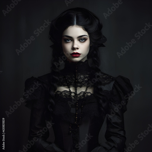 Goth girl with red lipstick wearing a traditional gothic dress with black hair and a black background. Generative ai.