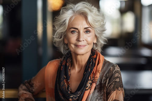 Portrait stylish elegant mature middle aged woman posing indoors in cafe or restaurant, cute smiling scary lady with gray hair looking at camera