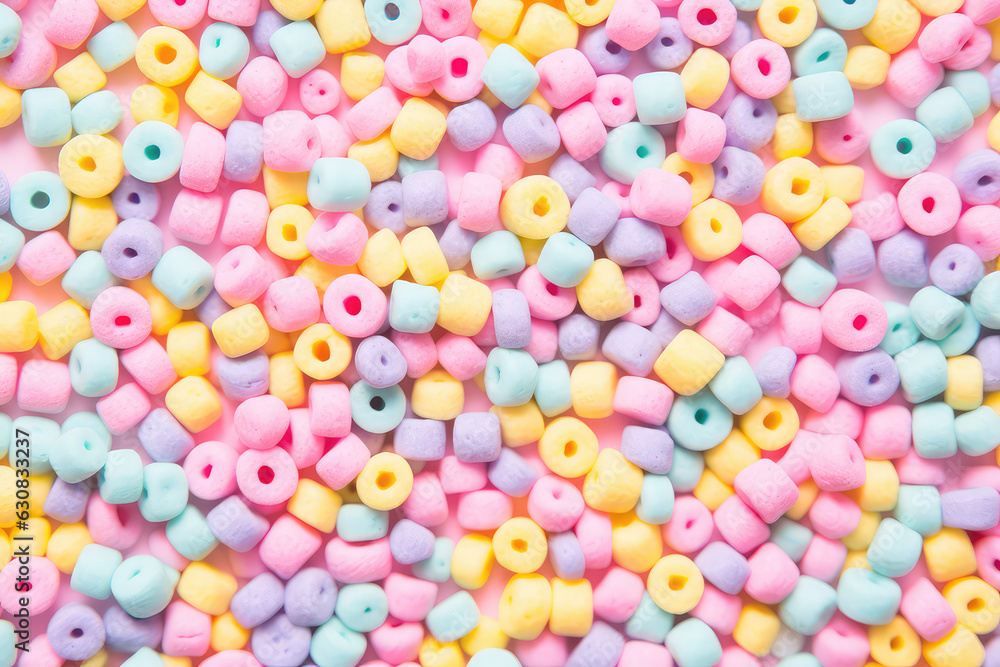 Obraz premium Crunchy breakfast cereal texture. Delicious wallpaper with crispy dry breakfast rings in different rainbow pastel colors. Cute sweet food backdrop, top view.