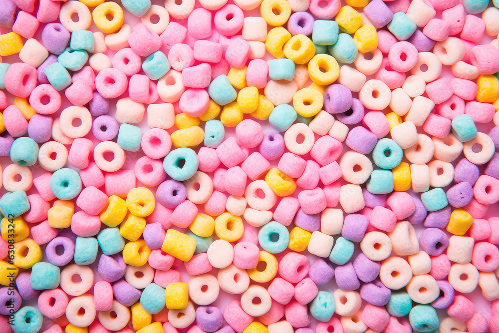 Crunchy breakfast cereal texture. Delicious wallpaper with crispy dry breakfast rings in different rainbow pastel colors. Cute sweet food backdrop, top view. Crunchy breakfast cereal texture. Delicious wallpaper with crispy dry breakfast rings in different rainbow pastel colors. Cute sweet food backdrop, top view.