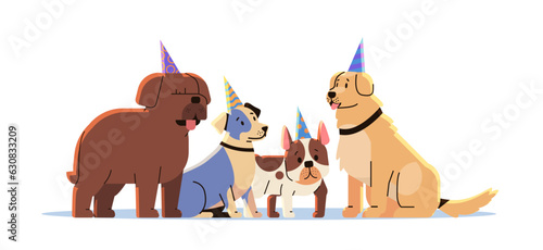Happy national dog day greeting card cute doggy posing in party hats holiday of domestic animals concept horizontal