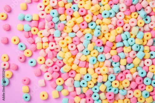 Crunchy breakfast cereal texture. Delicious wallpaper with crispy dry breakfast rings in different rainbow pastel colors. Cute sweet food backdrop, top view.