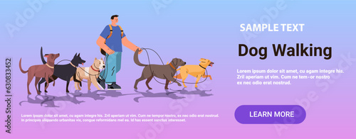 guy dog handler walks with pets best friends domestic animals walking service volunteering pet care concept copy space