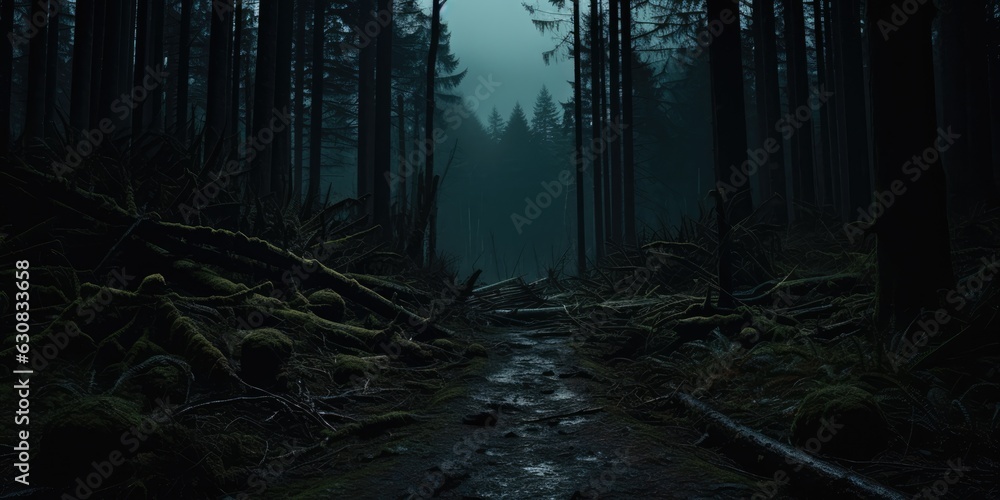 Fototapeta premium Path through a dark forest autumn fog at night, generative ai