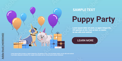 Happy national dog day greeting card cute doggy posing in hats holiday of domestic animals concept horizontal
