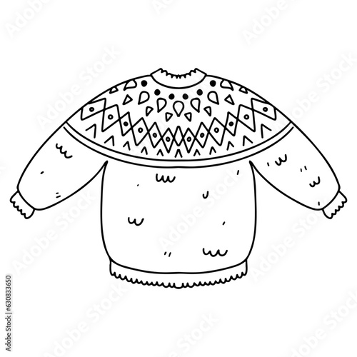 Cute knitted lopapeysa sweater. Hand drawn doodle style. Vector illustration isolated on white. Coloring page.