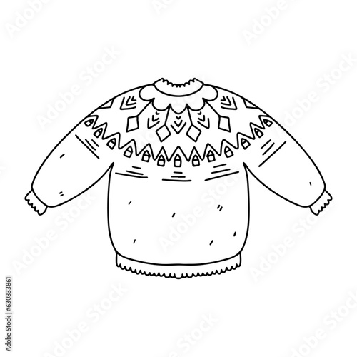 Cute knitted lopapeysa sweater. Hand drawn doodle style. Vector illustration isolated on white. Coloring page. photo