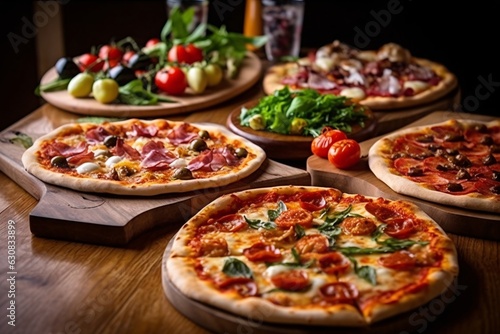 Gourmet pizza selection. Different types of pizzas on a wooden background. Italian cuisine. Variety of pizzas on a wooden board. Top view.