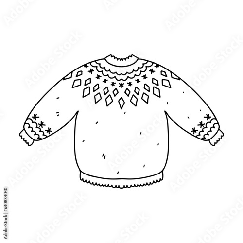 Cute knitted lopapeysa sweater. Hand drawn doodle style. Vector illustration isolated on white. Coloring page.