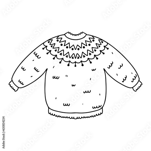 Cute knitted lopapeysa sweater. Hand drawn doodle style. Vector illustration isolated on white. Coloring page. photo