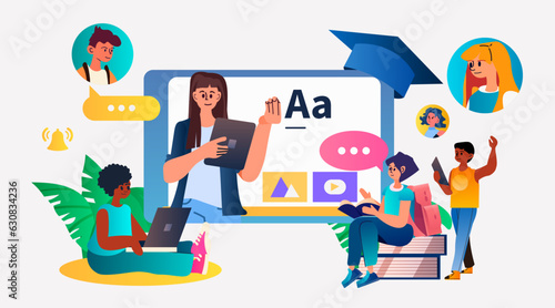 students in virtual classroom using smart interactive board virtual attendance e-learning online education concept horizontal