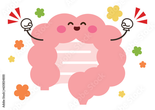 にっこりと元気な腸のキャラクターイラストとカラフルなお花