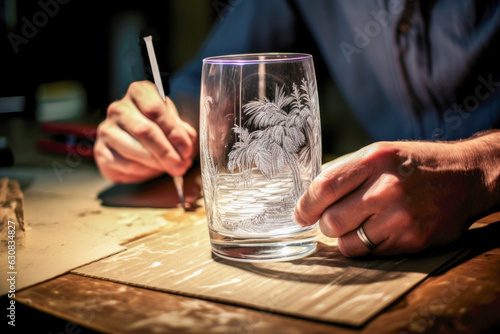 Craftsman engraving ornaments on a glass