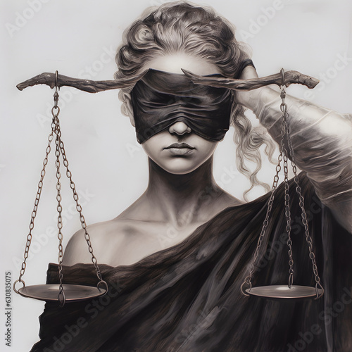 Justice is blind with the scales of justice concept, which signifies law in courtrooms and the legal system.