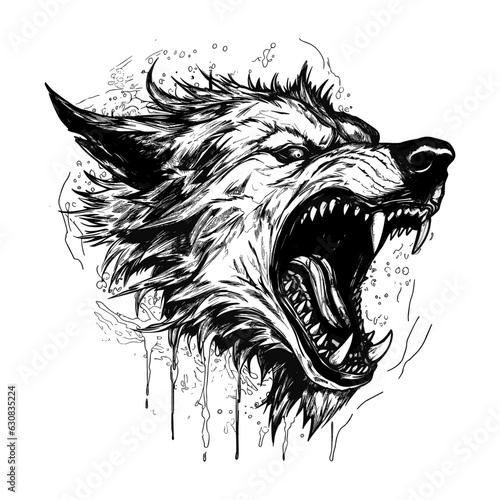 Majestic Wolf: Hand-Drawn Aggressive Outline Design in Black and White - Flash Tattoo, Coloring Page, Doodle Art Vector, Transparent Background