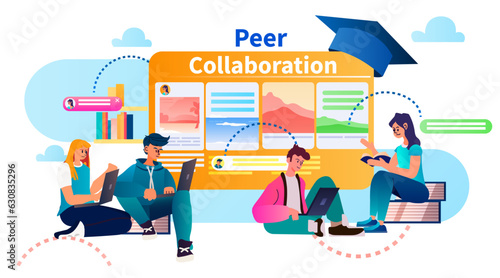 students discussing during virtual conference meeting webinar web seminar peer collaboration online education concept