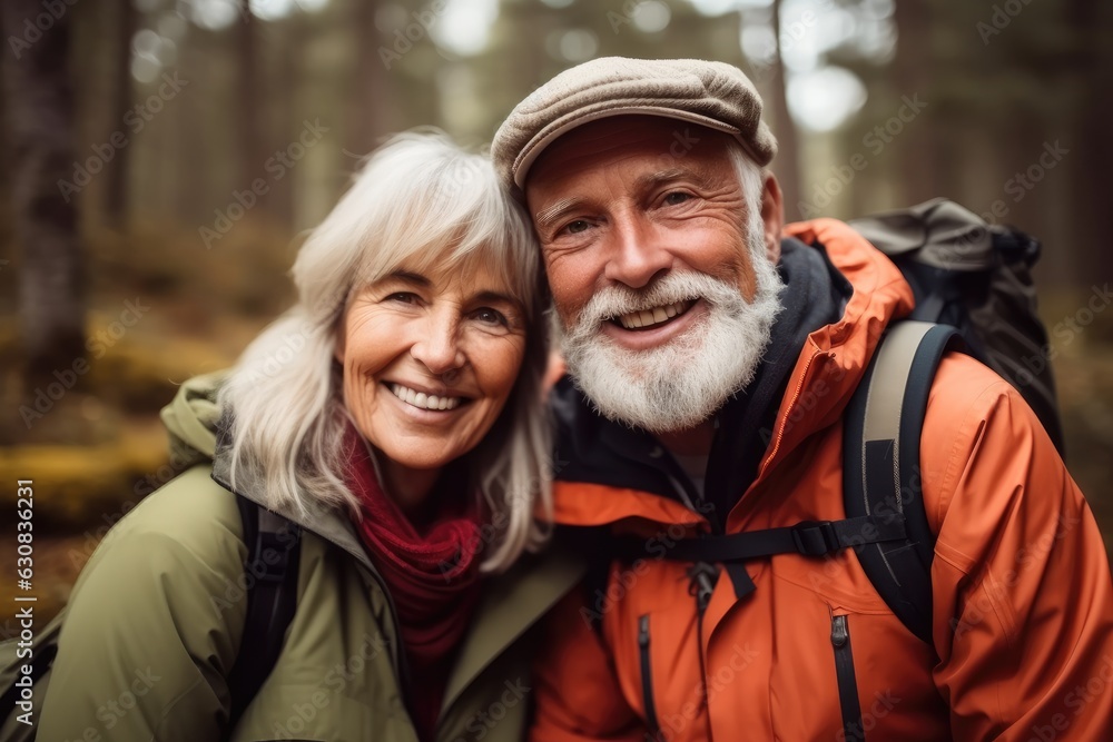 Senior couple with backpack in forest during summer vacation, Holiday travel.