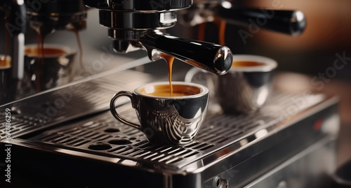 Barista make coffee latte art with espresso machine in cafe.