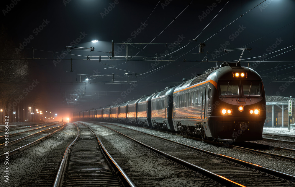 Fototapeta premium The train is parked at the train station at night