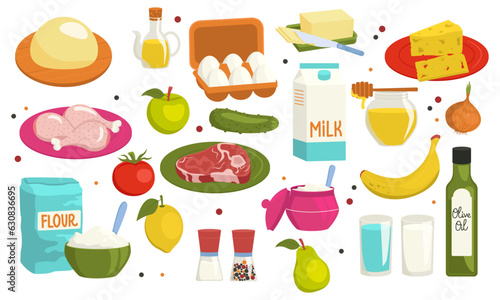 Set of fresh food ingredients for cooking. Vector graphic.