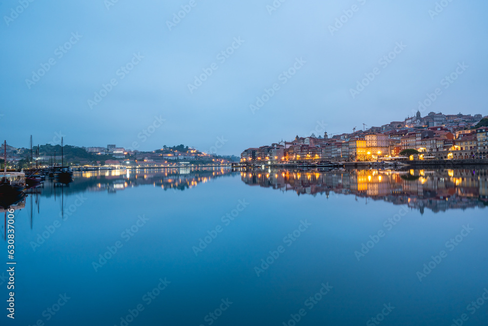 Early morning view from the Douro river and Porto, Portugal. 