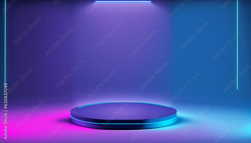 Purple podium neon lights and minimal wall screen pink background. Trendy 3d illustration for the presentation of your products Purple podium neon lights and minimal wall screen pink background. Trendy 3d illustration for the presentation of your products