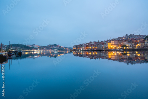 Early morning view from the Douro river and Porto, Portugal. 